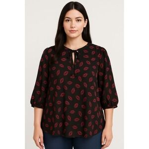 Torrid Women's 3X Georgette Bow Tie Blouse Black Pink Lips Leopard Print